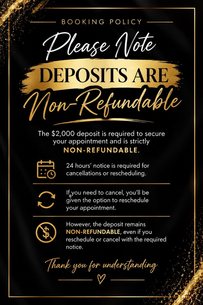 Booking policy. The $2,000 deposit is non-refundable. 24 hours notice is required to cancel or reschedule. The deposit stays non-refundable even if you reschedule.